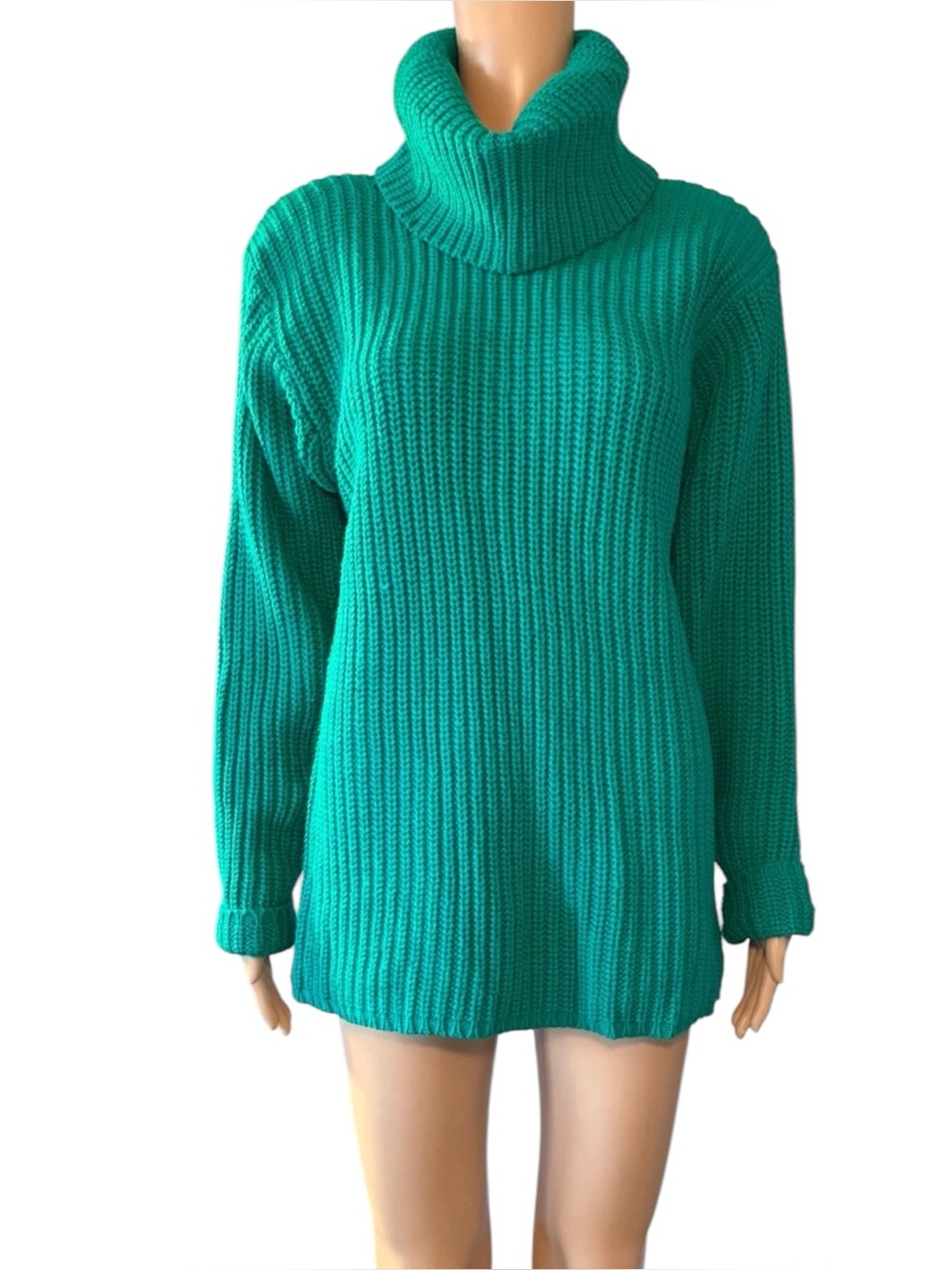 Vintage Ellemenno Women's Sweater Size M Teal Turtleneck Chunky Knit Long Sleeve